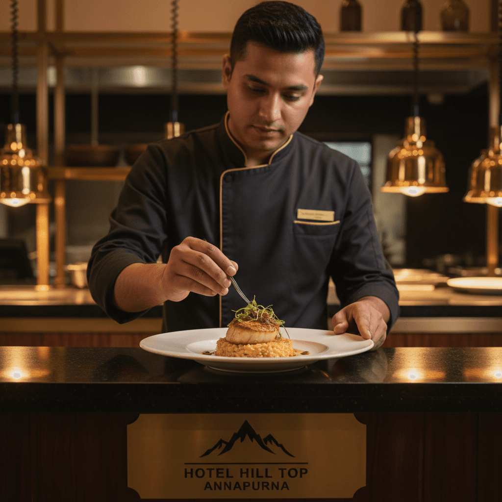 Chef or staff member carefully presenting a signature dish with expertise