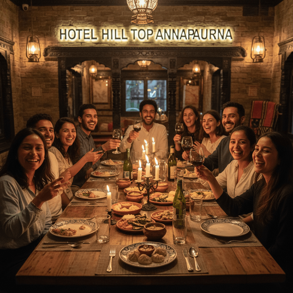 Group of friends and family celebrating together with food and drinks