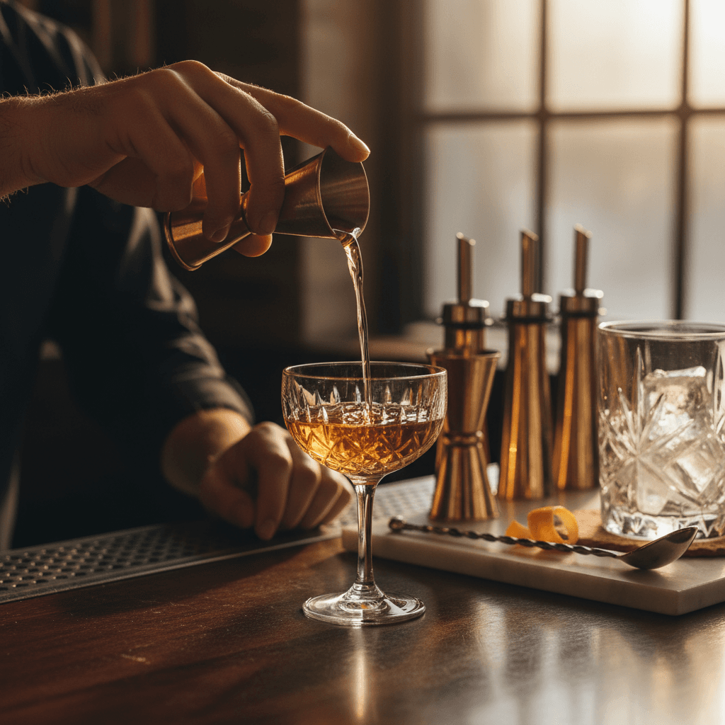 Bartender hands precisely pouring premium spirit into crystal coupe glass using professional bar jigger with warm golden lighting