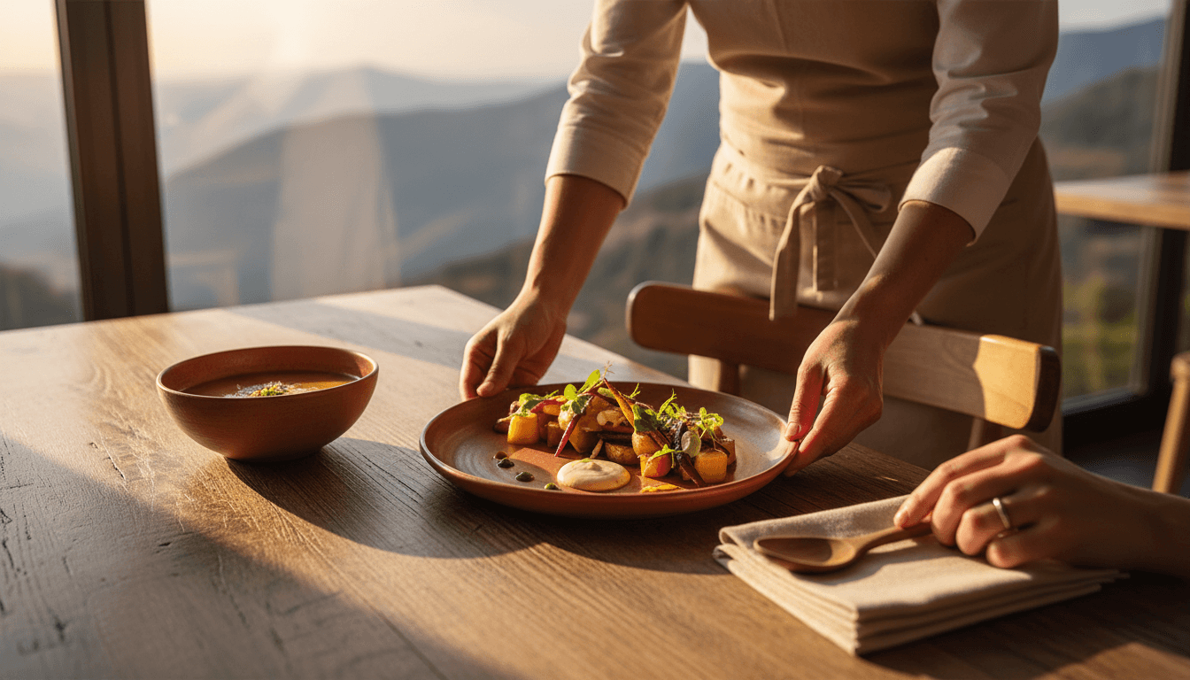 Server presenting artfully plated dish at wooden table with mountain views visible through dining room windows during golden hour