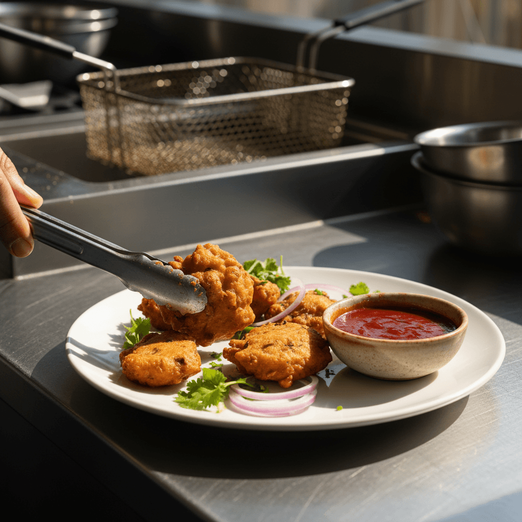 Freshly plated golden-brown crispy fried snacks garnished with cilantro and served with red chutney in modern kitchen.