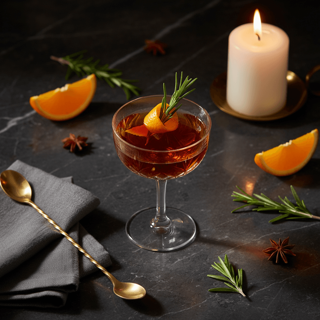 Elegantly crafted cocktail in coupe glass with fresh garnish on dark marble, candlelit with intimate bar ambiance
