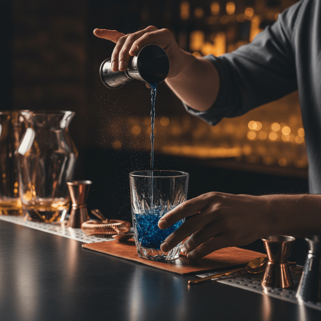Mixologist pouring jewel-toned cocktail into sculptural glass with dramatic side lighting and shallow depth of field